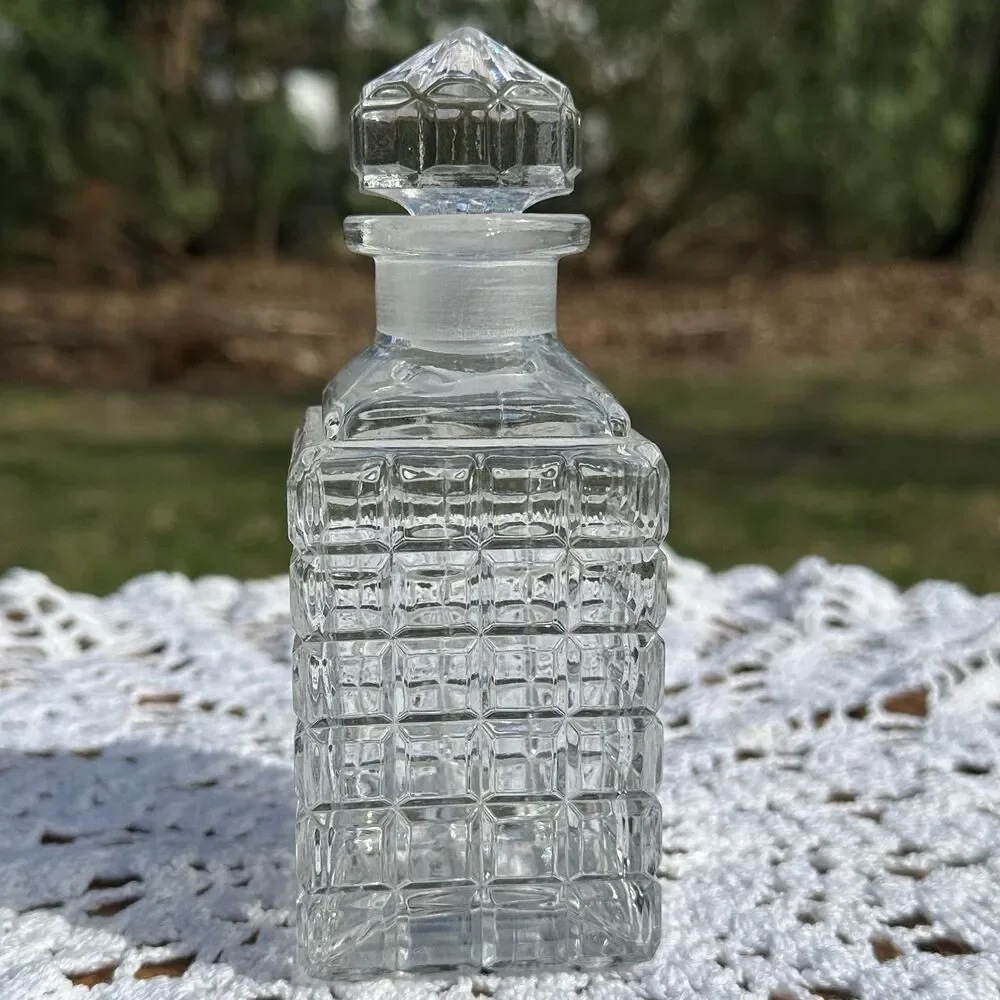 VTG Pressed Square Glass Decanter With Stopper Cologne Or Liquor Barware